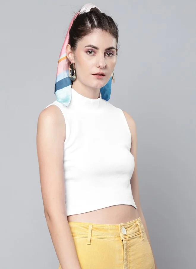 SASSAFRAS White Solid Crop Top for Women