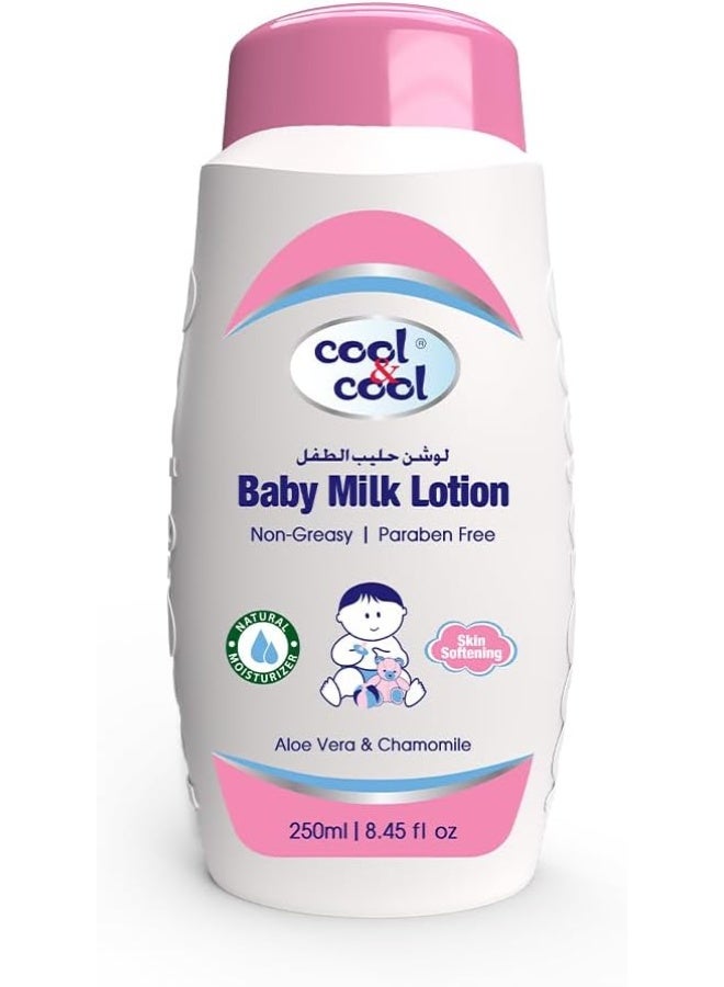 Cool & Cool Vitamin-E Aloe Vera And Chamomile Extract With Extra Mild Formula Baby Milk Lotion - 250ML - Skin Softening, Non-Greasy, Paraben-Free