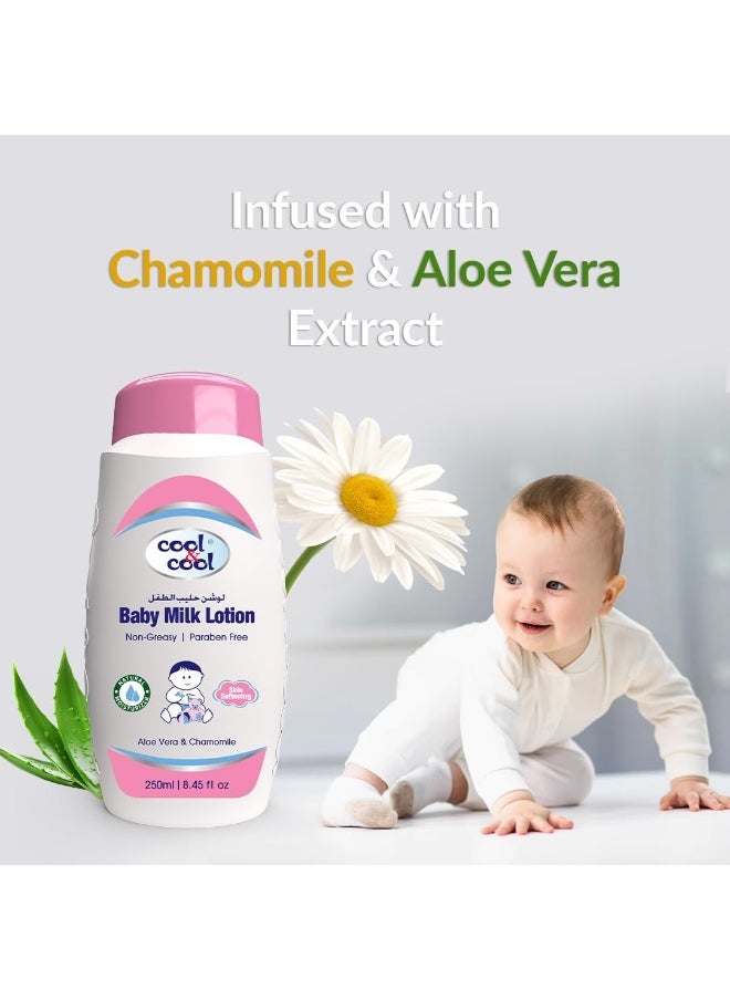 Cool & Cool Vitamin-E Aloe Vera And Chamomile Extract With Extra Mild Formula Baby Milk Lotion - 250ML - Skin Softening, Non-Greasy, Paraben-Free  - Image 3