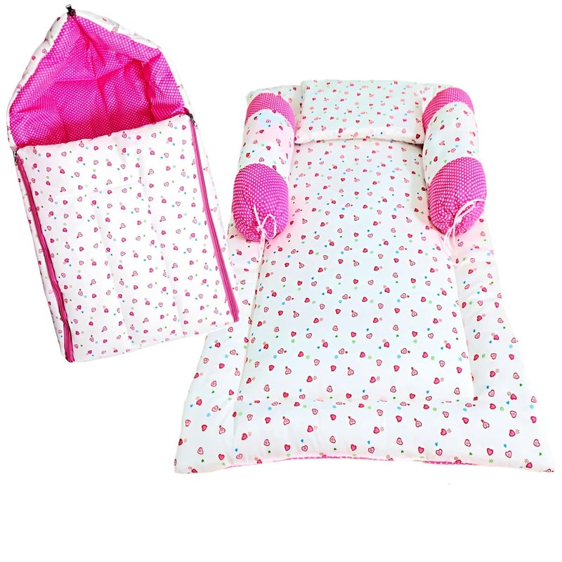 BRANDONN Baby Bedding Gift Pack Combo of Bed with 3 Pillow Set and Sleeping Bag Carry Bag Combo of 2 Pink - Image 1