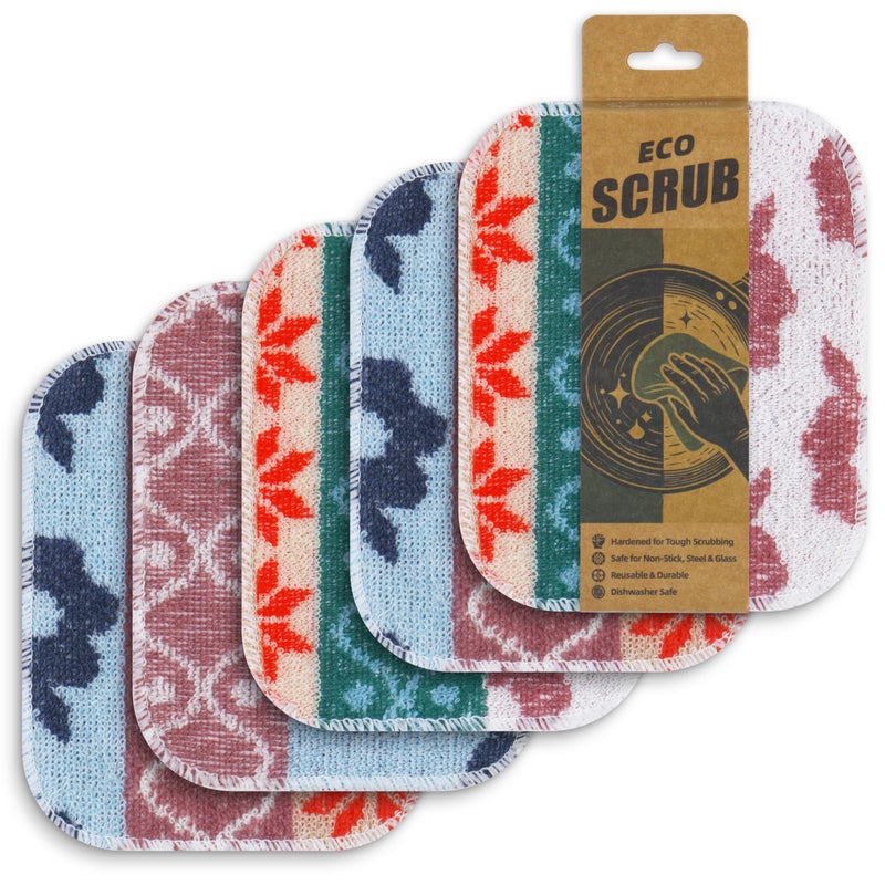 Amarelle Scrub,5-Pack Reusable Dish Scrubbers for Washing Dishes,Soft Safe and Non-Scratch Scrubber, Durable Scouring Pad for Kitchen and Household Cleaning,Assorted Colors and Designs - Image 1