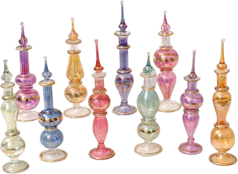 CraftsOfEgypt Handmade Genie Blown Glass Miniature Perfume Bottles Set of 10 - Assorted Colors, 4" High
