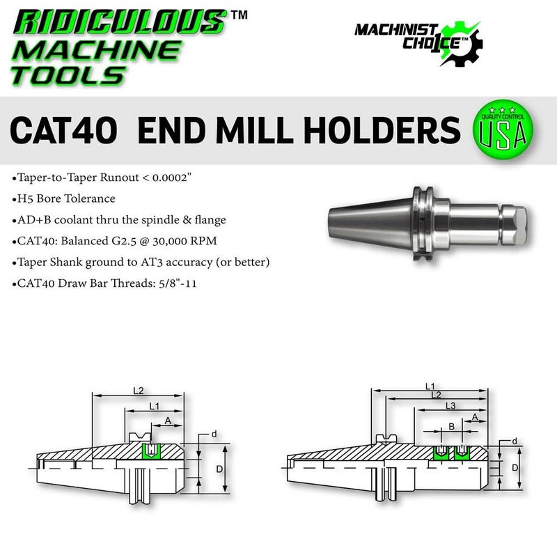 Ridiculous Machine Tools CAT40 END MILL HOLDER 1/2"X4" G2.5 X 30,000 RPM (0.0002 T.I.R.) Machinist Choice - Image 2