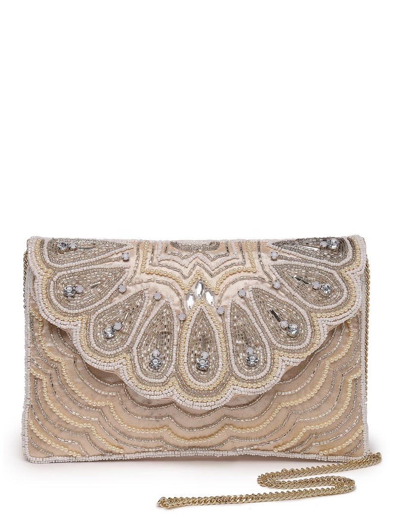 Anekaant Tribal Ivory & Champagne Scale & Paisely Embellished Satin Sling Bag - Image 1