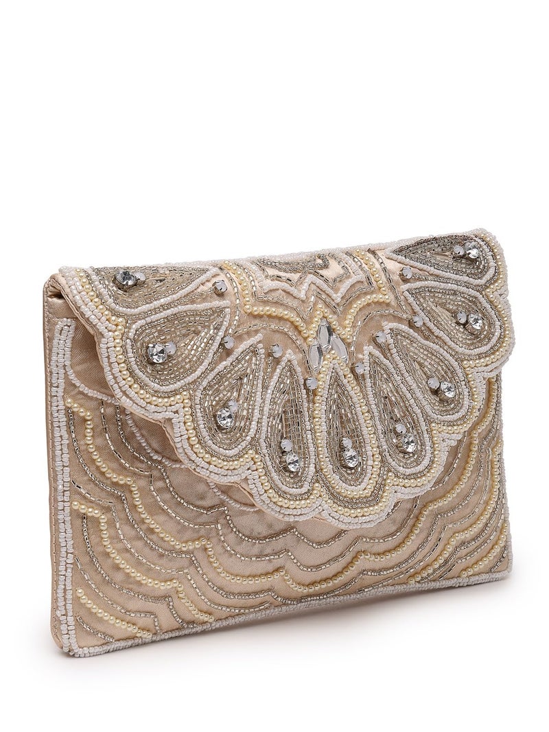 Anekaant Tribal Ivory & Champagne Scale & Paisely Embellished Satin Sling Bag - Image 4