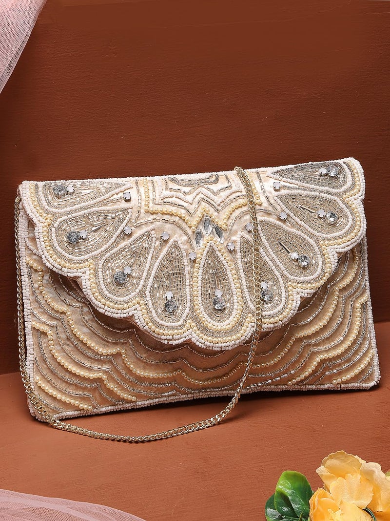Anekaant Tribal Ivory & Champagne Scale & Paisely Embellished Satin Sling Bag - Image 3