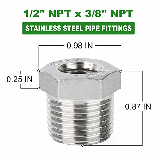 TAISHER 10PCS 304 Stainless Steel Reducer Hex Bushing, 1/2" NPT Male x 3/8" NPT Female, Reducing Pipe Adapter Fitting - Image 3
