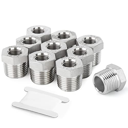 TAISHER 10PCS 304 Stainless Steel Reducer Hex Bushing, 1/2" NPT Male x 3/8" NPT Female, Reducing Pipe Adapter Fitting - Image 1
