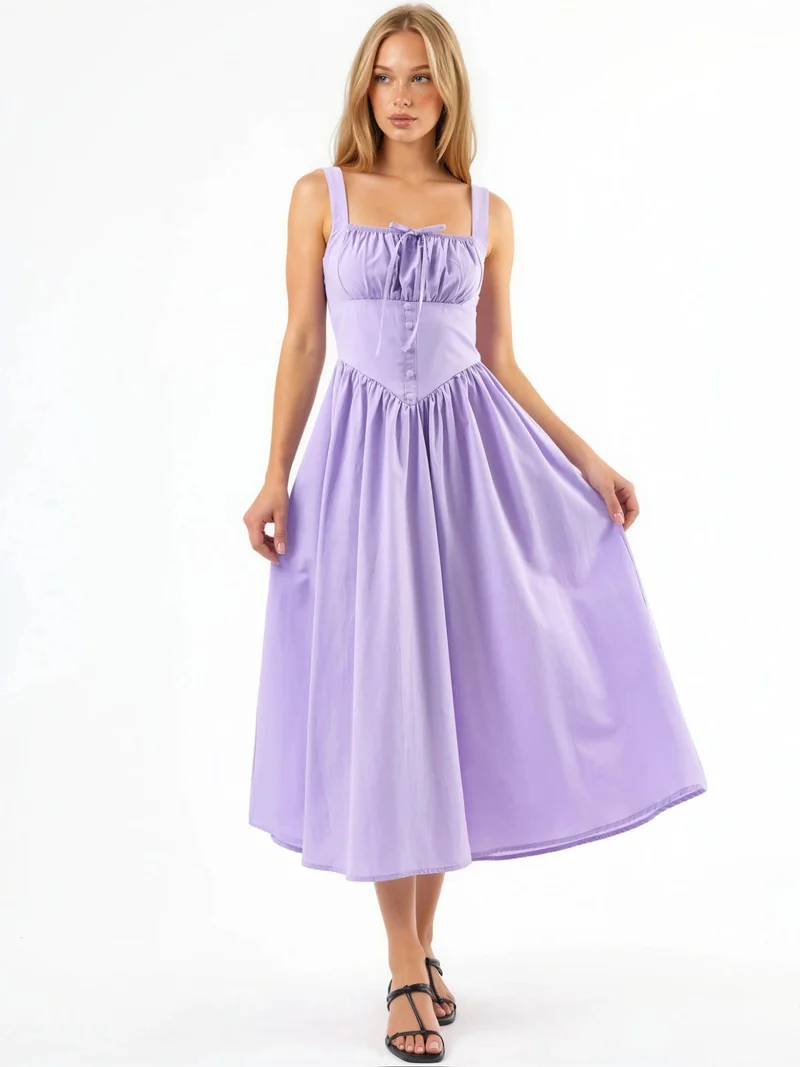 بوسيم BUSEM Midi Dress with Square Collar and Button Detail