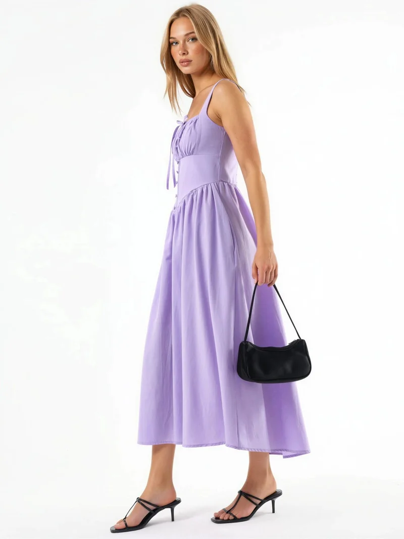بوسيم BUSEM Midi Dress with Square Collar and Button Detail