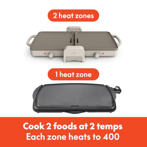 Bella 10"x 20" Ceramic Fold-n-Store Dual Temp Griddle, Fits-anywhere Kitchenware, EverGood Ceramic Nonstick Coating, 2 Temperature Zones up to 400°F​, Dishwasher Safe Drip Tray, 1500 Watt, Oatmilk - Image 2