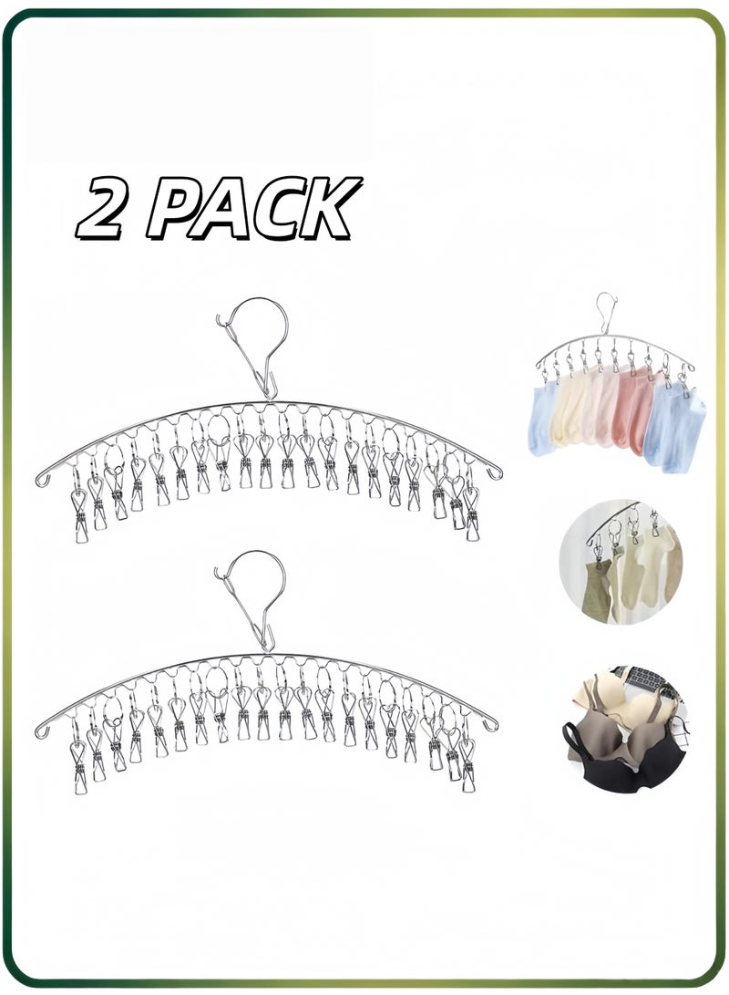 2 Pack Clothes Drying Hanger with 20 Clips, Stainless Steel Laundry Organiser Laundry Drying Rack Windproof Clothes Hanger, Hanging Drying Rack for Drying Socks Underwear - Image 1