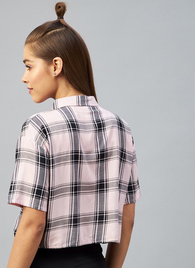CHIMPAAANZEE Women Pink Relaxed Boxy Tartan Checks Checked Casual Shirt - Image 4