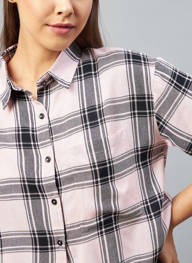 CHIMPAAANZEE Women Pink Relaxed Boxy Tartan Checks Checked Casual Shirt - Image 2