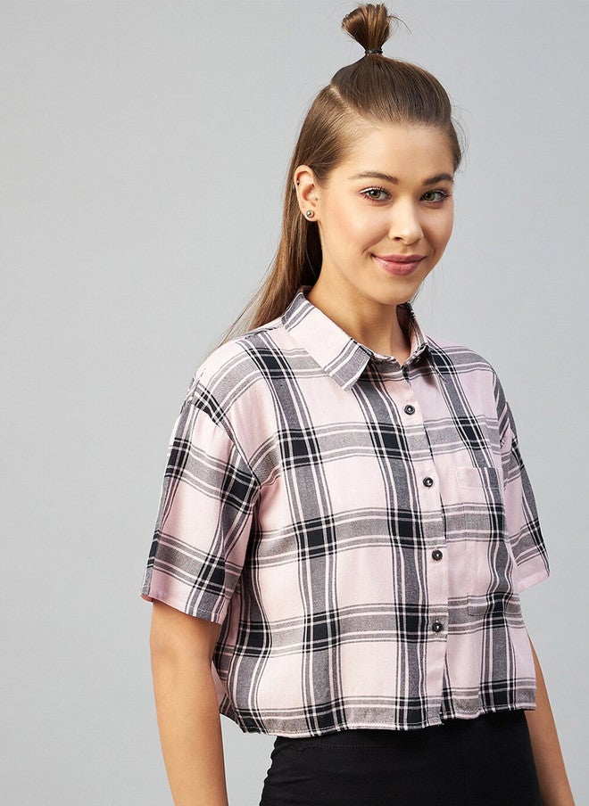 CHIMPAAANZEE Women Pink Relaxed Boxy Tartan Checks Checked Casual Shirt - Image 1
