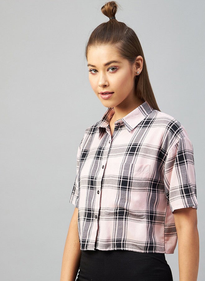 CHIMPAAANZEE Women Pink Relaxed Boxy Tartan Checks Checked Casual Shirt - Image 3