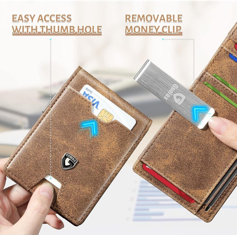GSOIAX Men's Slim RFID Blocking Leather Wallet with Money Clip Minimalist Carbon Fiber Bifold Credit Card Holder 11 Card Slots Gift Box Included(Leather Brown), Leather Brown, Slim - Image 4