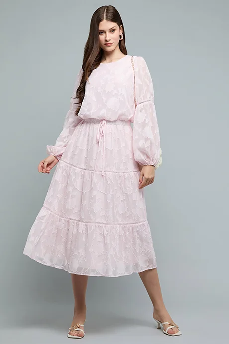 R&B Jacquard Tired Dress with Crew Neck and Balloon Sleeves