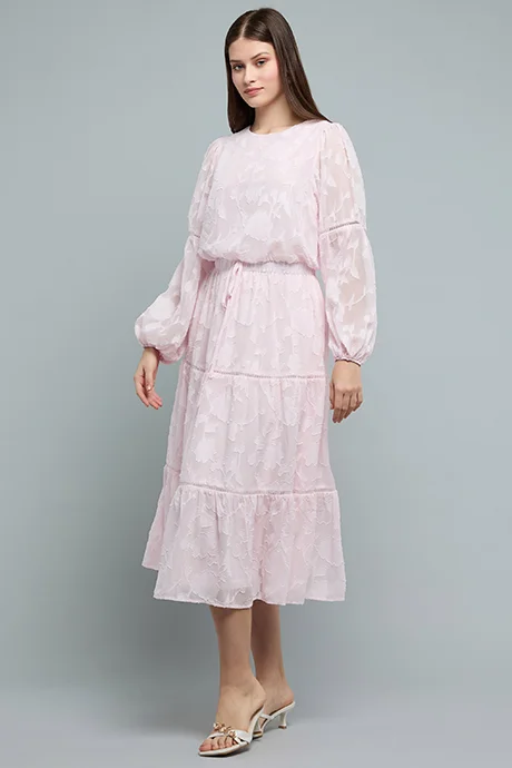 R&B Jacquard Tired Dress with Crew Neck and Balloon Sleeves