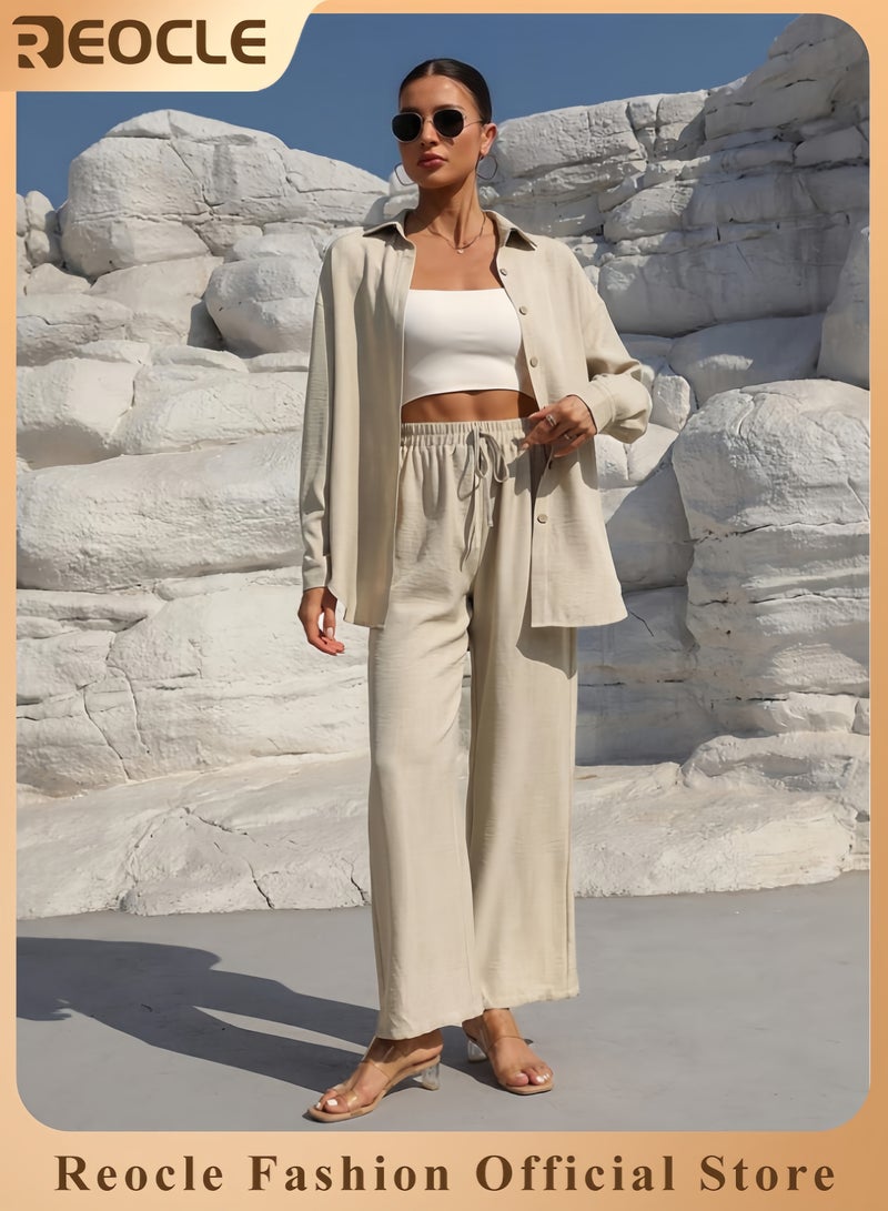 REOCLE Women's 2 PCS Cotton Linen Set Comfortable and Breathable Retro Outfits Button Down Long Sleeve Shirt and High Waist Wide Leg Pants Set - Image 1