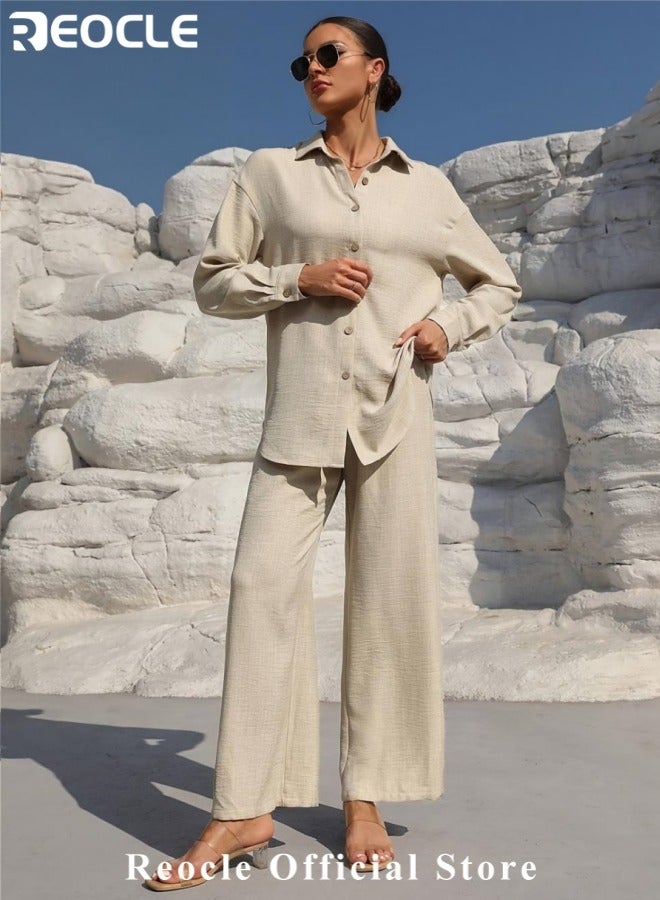 REOCLE Women's 2 PCS Cotton Linen Set Comfortable and Breathable Retro Outfits Button Down Long Sleeve Shirt and High Waist Wide Leg Pants Set - Image 2