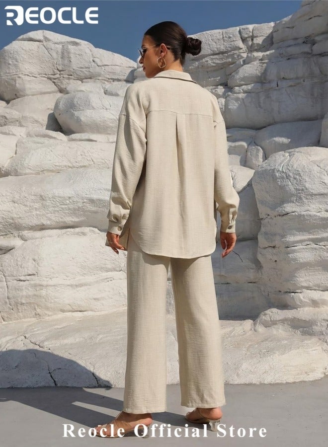 REOCLE Women's 2 PCS Cotton Linen Set Comfortable and Breathable Retro Outfits Button Down Long Sleeve Shirt and High Waist Wide Leg Pants Set - Image 3