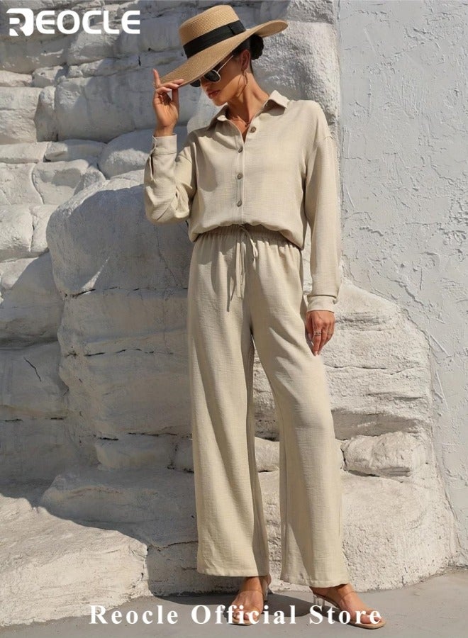 REOCLE Women's 2 PCS Cotton Linen Set Comfortable and Breathable Retro Outfits Button Down Long Sleeve Shirt and High Waist Wide Leg Pants Set - Image 4