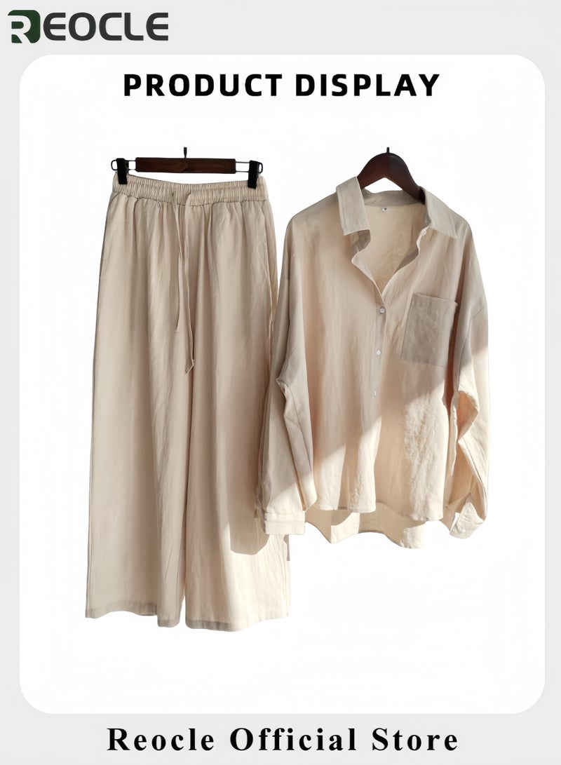 REOCLE Women's 2 PCS Cotton Linen Set Comfortable and Breathable Retro Outfits Button Down Long Sleeve Shirt and High Waist Wide Leg Pants Set - Image 5