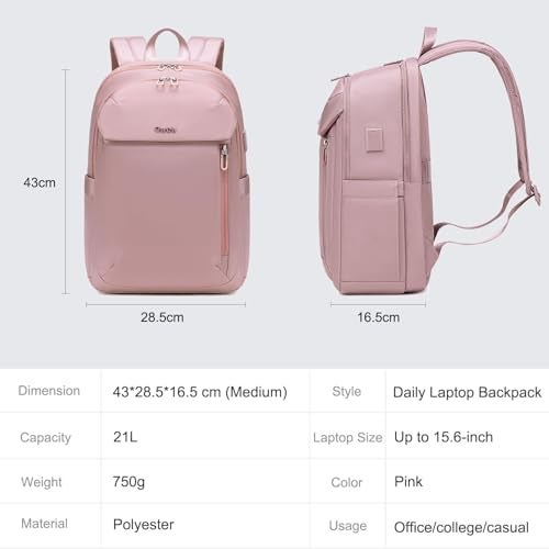 Chantria Backpack for Women 21L Medium Bagpack for Office Travel 15.6" Laptop Bag with USB & Type-C Charging Port Water-resistant Multi-functional Multi-pocket Ladies Backpack (Pink) - Image 4