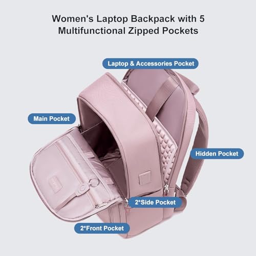 Chantria Backpack for Women 21L Medium Bagpack for Office Travel 15.6" Laptop Bag with USB & Type-C Charging Port Water-resistant Multi-functional Multi-pocket Ladies Backpack (Pink) - Image 3