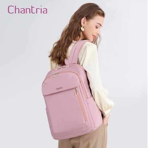 Chantria Backpack for Women 21L Medium Bagpack for Office Travel 15.6" Laptop Bag with USB & Type-C Charging Port Water-resistant Multi-functional Multi-pocket Ladies Backpack (Pink) - Image 2