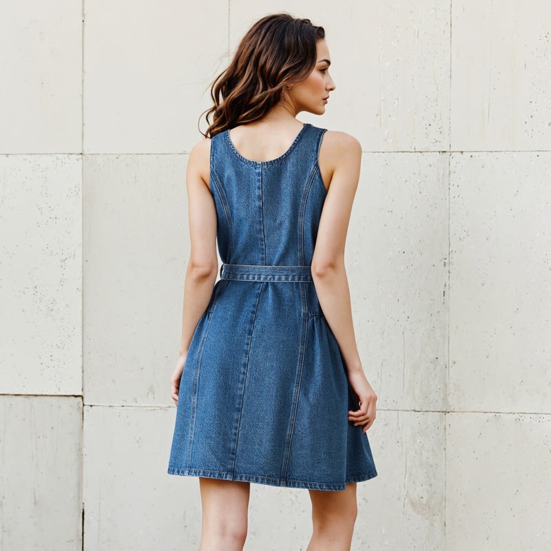 تواكستريمز فستان دنيم قصير بدون أكمام بياقة وأزرار - Image 4