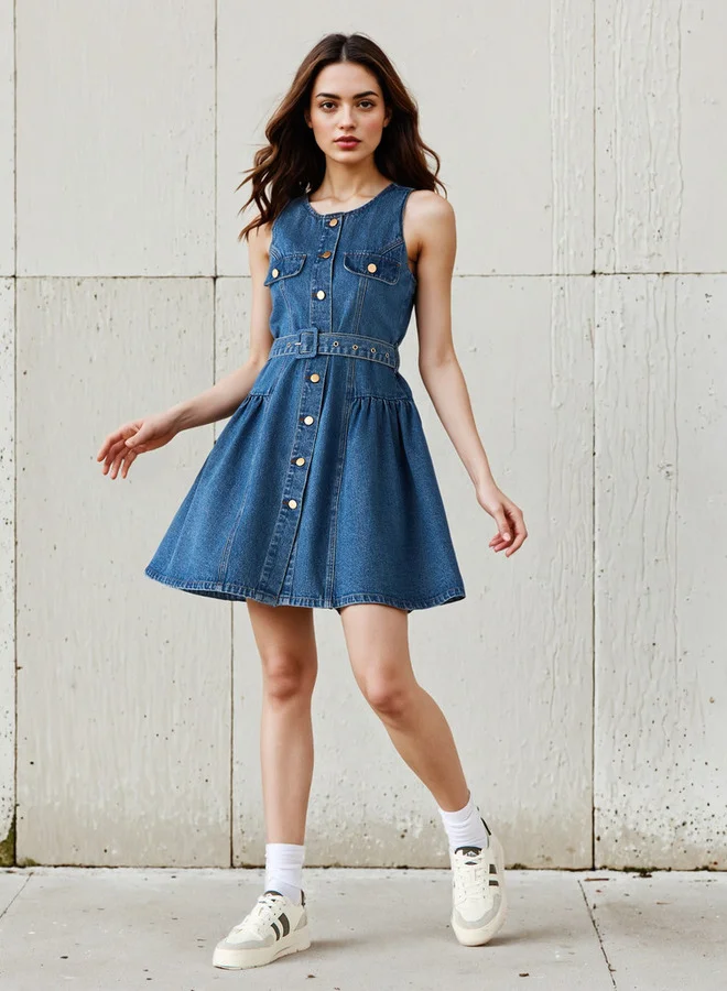 2Xtremz 2Xtremz Button Front Sleeveless Mini Denim Dress