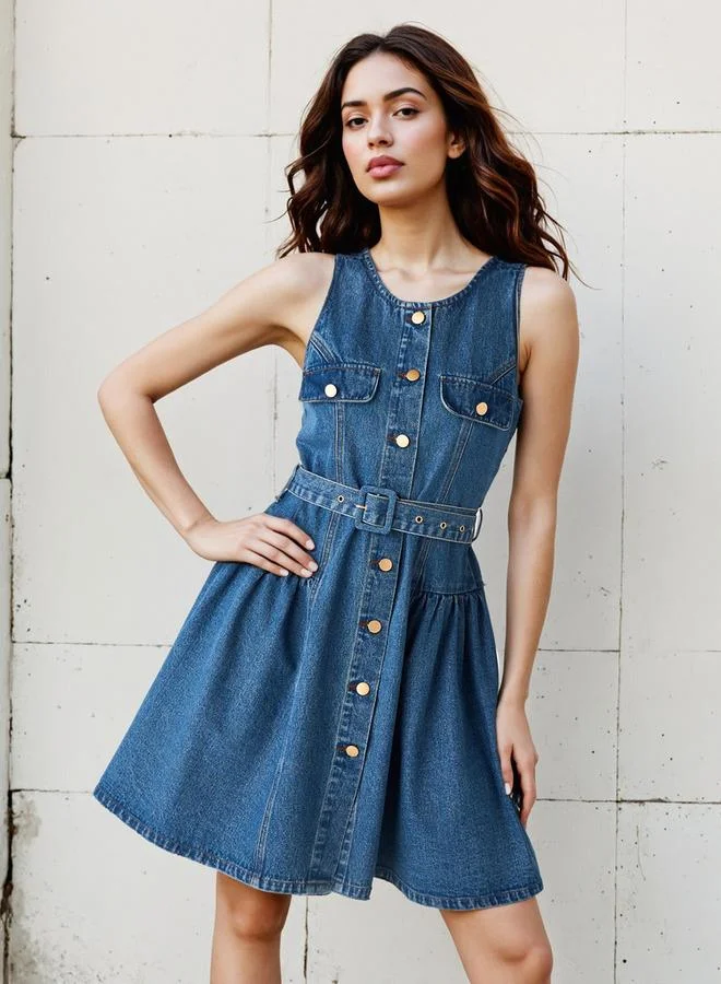 2Xtremz 2Xtremz Button Front Sleeveless Mini Denim Dress