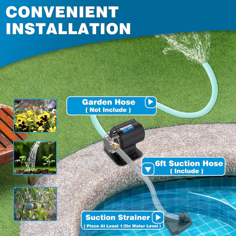Acquaer Portable Electric Utility Water Transfer Pump 115V 1/10 HP with Suction Hose Kit, Low Suction Water Removal for Water Beds, Pools, Rain Barrel, Aquariums - Image 5
