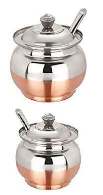 Trendmad Trendmad Copper Coated base Steel Ghee Pot With Spoon Copper Base Steel Ghee Jar for Kitchen Steel Oil Container With LidSpoon For Pooja Items 250 ML Pack of 2 