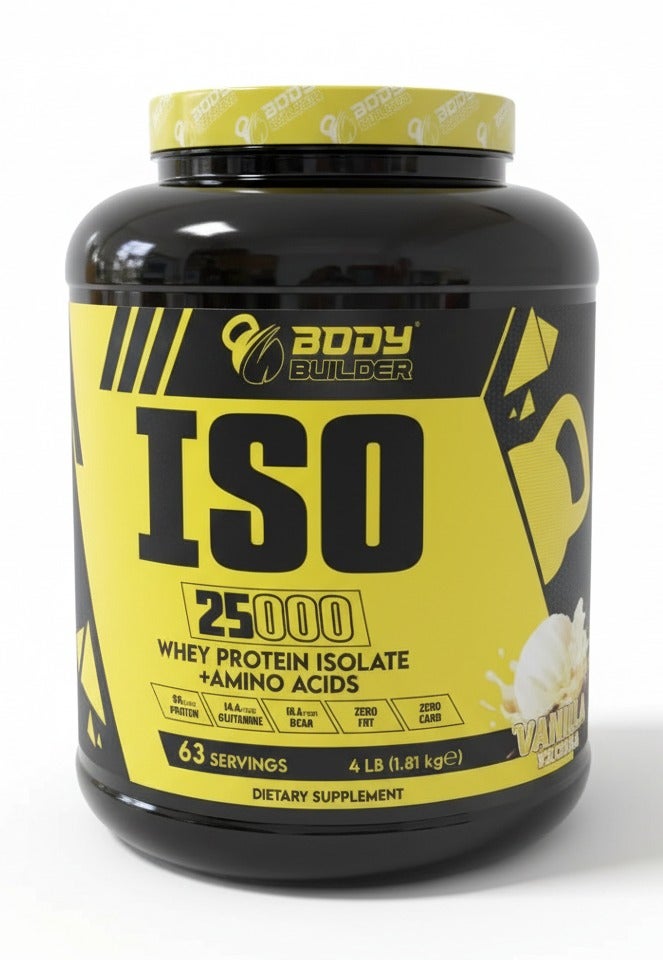 Body Builder Iso 25000, Vanilla Ice Cream, 4 LB 88g Protein - Boost Muscle Growth and Recovery - Zero Fat, Zero Sugar, Zero Carbs - Premium Whey Protein Isolate