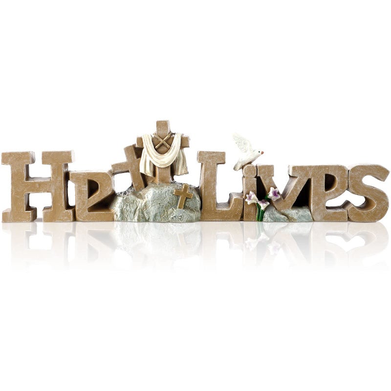 Yookeer He Lives Table Top Decoration Christian Resin Sign with Cross Flowers Centerpieces for Rustic Home Dining Room Spring DecorClassic