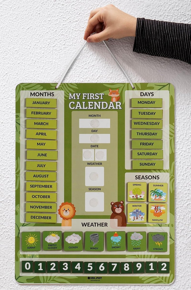 Inkdotpot My First Calendar Board For Kids, Preschool Wall Hanging Month/Date/Day/Weather/Season (42 Pieces); Classroom Learning Calendar Board, 14.5 x 11.5 inches (Green) - Image 2