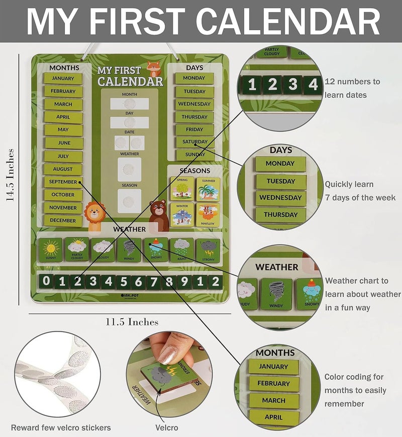 Inkdotpot My First Calendar Board For Kids, Preschool Wall Hanging Month/Date/Day/Weather/Season (42 Pieces); Classroom Learning Calendar Board, 14.5 x 11.5 inches (Green) - Image 3