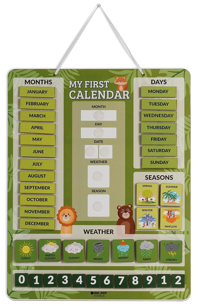 Inkdotpot My First Calendar Board For Kids, Preschool Wall Hanging Month/Date/Day/Weather/Season (42 Pieces); Classroom Learning Calendar Board, 14.5 x 11.5 inches (Green) - Image 1