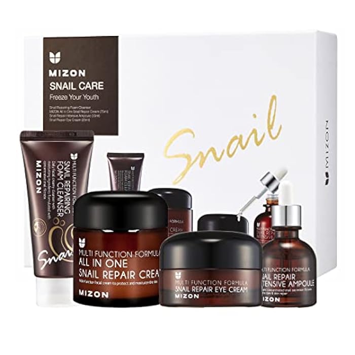 MIZON Full Korean Skincare Set Allin1 Snail Repair Cream Snail Repair Intensive Ampoule Snail Repairing Foam Cleanser and Snail Repair Eye Cream Stocking Stuffers Chirstmas Gift - Image 1