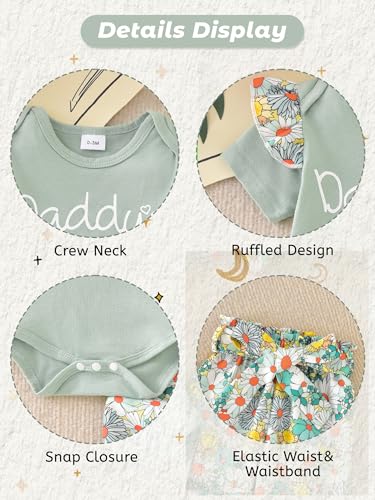 AMAWMW Newborn Baby Girl Clothes Daddy's Little Girl Short Sleeve Romper Floral Pants Headband Set 3Pcs Newborn Infant Outfit, C-Green, 3-6 Months - Image 4