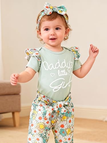 AMAWMW Newborn Baby Girl Clothes Daddy's Little Girl Short Sleeve Romper Floral Pants Headband Set 3Pcs Newborn Infant Outfit, C-Green, 3-6 Months - Image 2