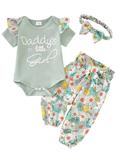 AMAWMW Newborn Baby Girl Clothes Daddy's Little Girl Short Sleeve Romper Floral Pants Headband Set 3Pcs Newborn Infant Outfit, C-Green, 3-6 Months - Image 1