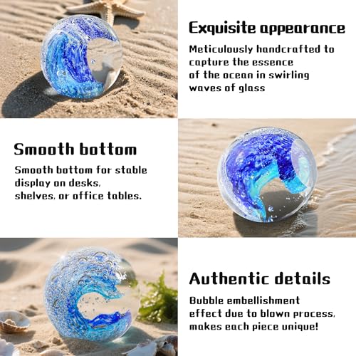 QIANCHANG 3.15" Large Ocean Wave Glass Paperweight, Hand Blown Sea Glass Figurines, Blue Waves Decor Coastal Beach Themed Gifts - Image 3