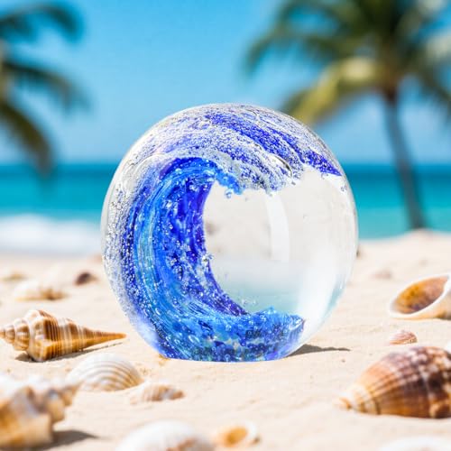 QIANCHANG 3.15" Large Ocean Wave Glass Paperweight, Hand Blown Sea Glass Figurines, Blue Waves Decor Coastal Beach Themed Gifts - Image 2