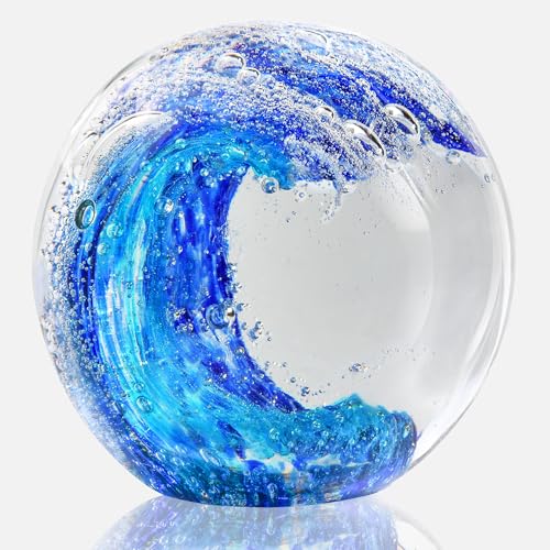 QIANCHANG 3.15" Large Ocean Wave Glass Paperweight, Hand Blown Sea Glass Figurines, Blue Waves Decor Coastal Beach Themed Gifts - Image 1