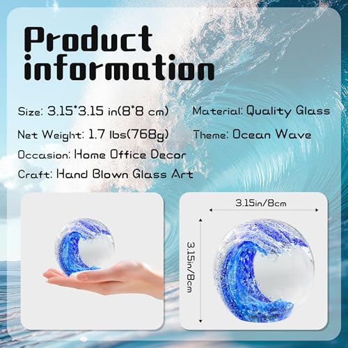 QIANCHANG 3.15" Large Ocean Wave Glass Paperweight, Hand Blown Sea Glass Figurines, Blue Waves Decor Coastal Beach Themed Gifts - Image 4