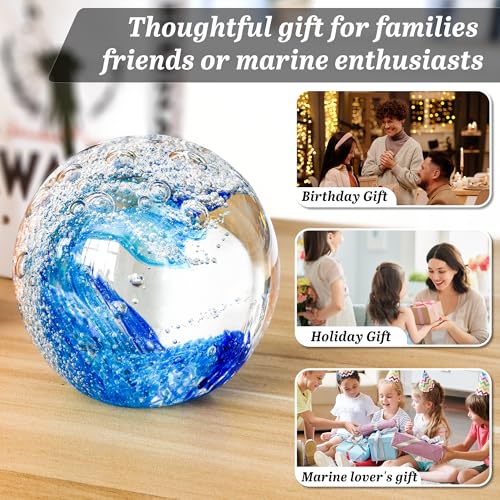 QIANCHANG 3.15" Large Ocean Wave Glass Paperweight, Hand Blown Sea Glass Figurines, Blue Waves Decor Coastal Beach Themed Gifts - Image 5